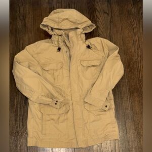 LL Bean Men's Beige Travel Jacket Hideaway Hood Size M Regular Chore Work Barn